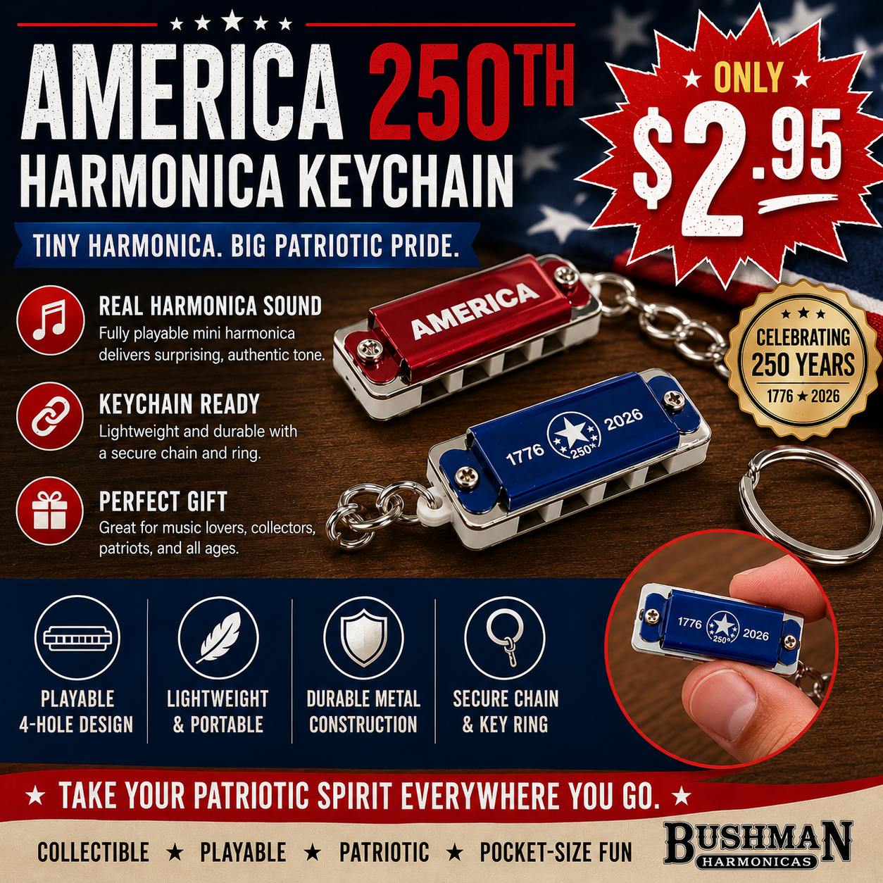 America 250th Birthday Mini Harmonica Keychain